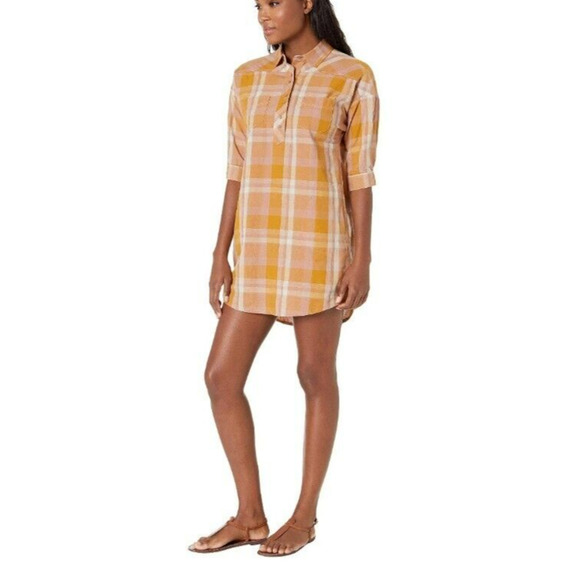 PrAna Deryn Champagne Plaid Roll Tab Sleeve Dress Large Active Camping Outdoors - Picture 12 of 16